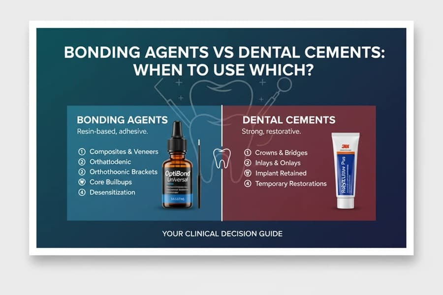 Comparison poster explaining when to use dental bonding agents versus dental cements.