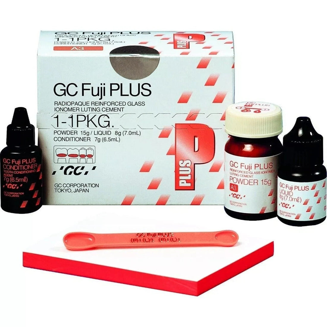 GC Fuji PLUS glass ionomer luting cement kit with powder bottle, liquid bottle, conditioner, mixing pad and spoon