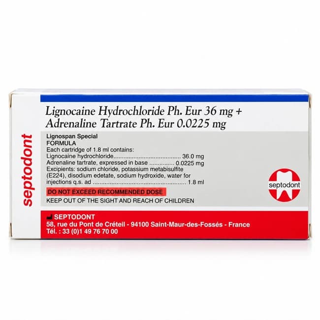 Septodont Lignospan Special 2% lidocaine local anesthetic for dental procedures.