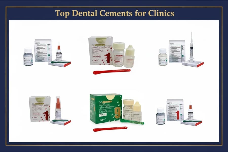 Dental cements for clinics, including glass ionomer, resin, zinc phosphate, and ZOE.
