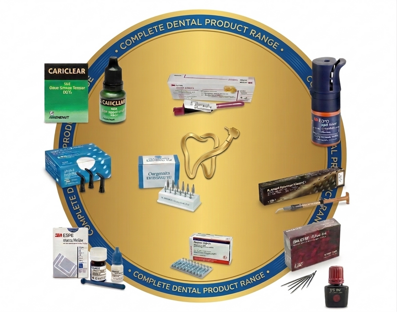 "Premium dental supplies and products collection featuring professional dental materials, cements, Silver Diamine Fluoride, bonding agents and impression materials