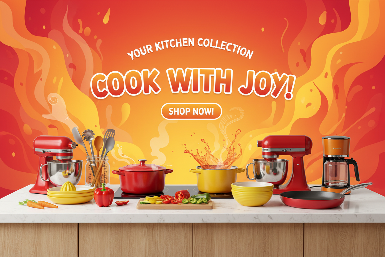 "Bold and colorful kitchen collection banner featuring vibrant red, yellow and orange tones with modern cookware, utensils and kitchen appliances"