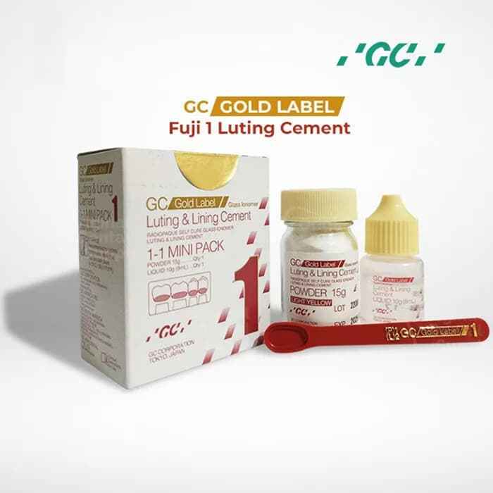 GC Fuji 1 Gold Label Luting Cement – Complete Mini Pack with Box, 15g Powder Jar, Liquid Bottle and Red Spatula
