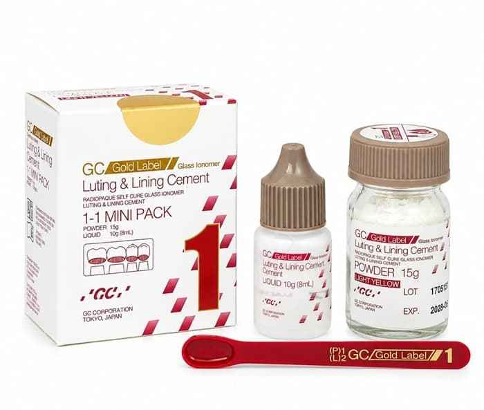 GC Fuji 1 Glass Ionomer Luting and Lining Cement Mini Pack – Box with 15g Powder Jar, 10g Liquid Bottle and Red Spatula
