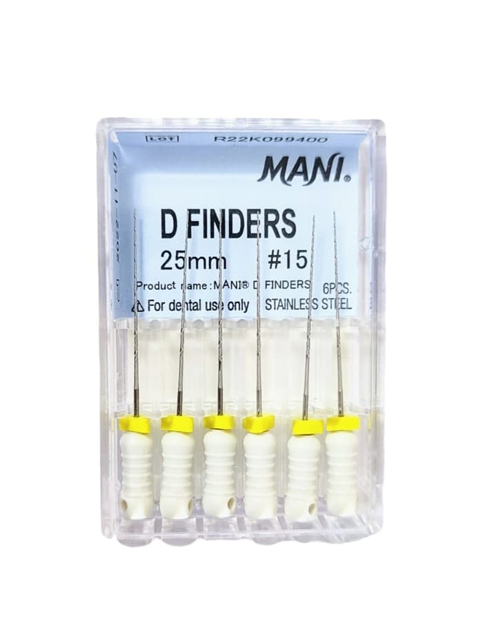 MANI D Finders dental stainless steel endodontic files 25mm Size 10 – 6 pcs in clear plastic pack with grey handles and white stopper rings – For dental use only Stainless Steel – dental root canal finder files by Mani Inc Japan worldwide
