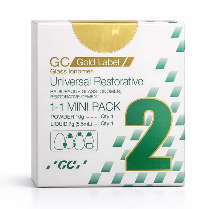 GC Gold Label Universal Restorative Glass Ionomer Cement 1-1 Mini Pack Shade 2 Box for Dentists – Powder 10g and Liquid 7g 5.5mL Radiopaque GIC for Class I to V Restorations by GC Corporation Tokyo Japan
