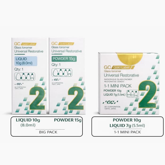 GC Gold Label Universal Restorative Glass Ionomer Cement Pack Size Comparison for Dentists – Big Pack Powder 15g Liquid 10g 8mL vs 1-1 Mini Pack Powder 10g Liquid 7g 5.5mL Shade 2 by GC Corporation Japan
