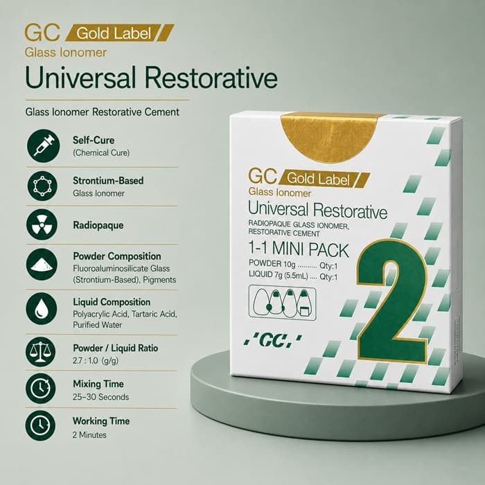 GC Gold Label Universal Restorative Glass Ionomer Cement 1-1 Mini Pack Shade 2 Infographic for Dentists – Self-Cure Strontium-Based Radiopaque GIC, Powder 10g Liquid 7g 5.5mL, Mixing Time 25-30 Seconds Working Time 2
