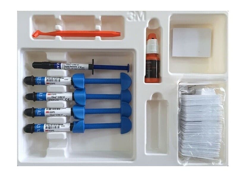 Professional 3M ESPE Filtek Z350 XT dental composite restorative kit arranged in sterile tray – featuring 4 composite resin syringes in shades A1 A2 A3 B2, flowable composite syringe...
