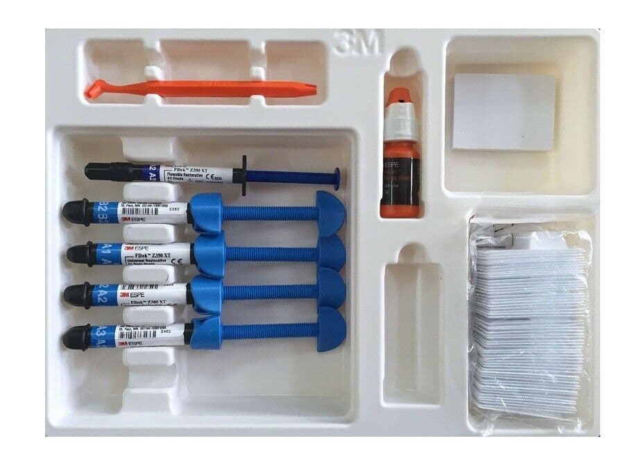 Professional 3M ESPE Filtek Z350 XT dental composite restorative kit arranged in sterile tray – featuring 4 composite resin syringes in shades A1 A2 A3 B2, flowable composite syringe...