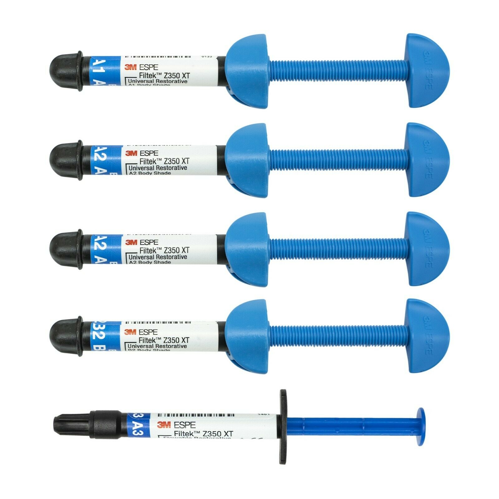 3M Filtek Z350 XT composite shade guide showing A2B B2 A2 A3 nano-filled resin color options