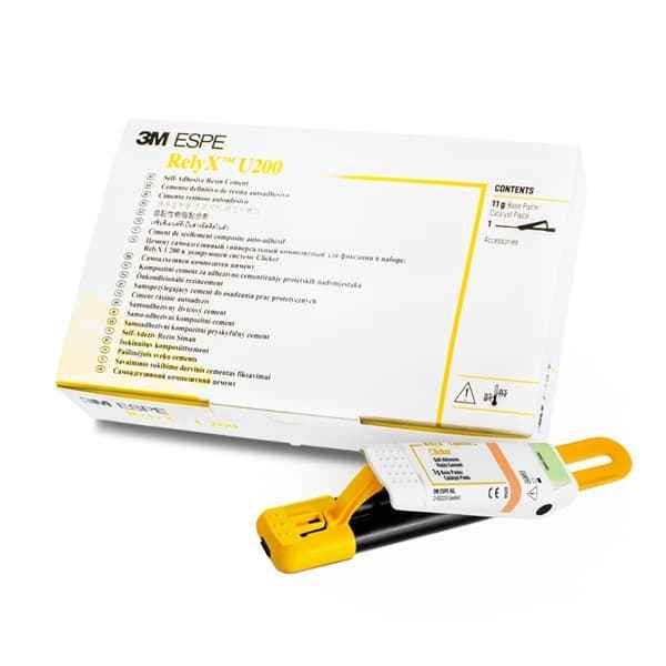 3M ESPE RelyX U200 Self-Adhesive Resin Cement – Box and Yellow Clicker Dispenser Front View Multilingual

