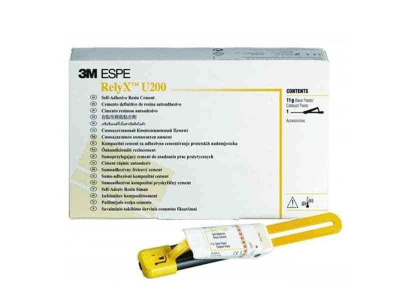 3M ESPE RelyX U200 Self-Adhesive Resin Cement – Box Front with Yellow Clicker Dispenser 11g Base Catalyst Paste
