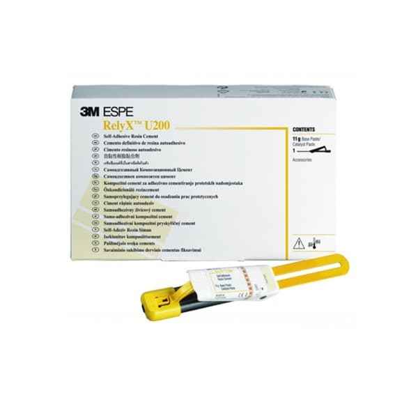 3M ESPE RelyX U200 Self-Adhesive Resin Cement 11g – Box with Yellow Clicker Dispenser Side Angle View
