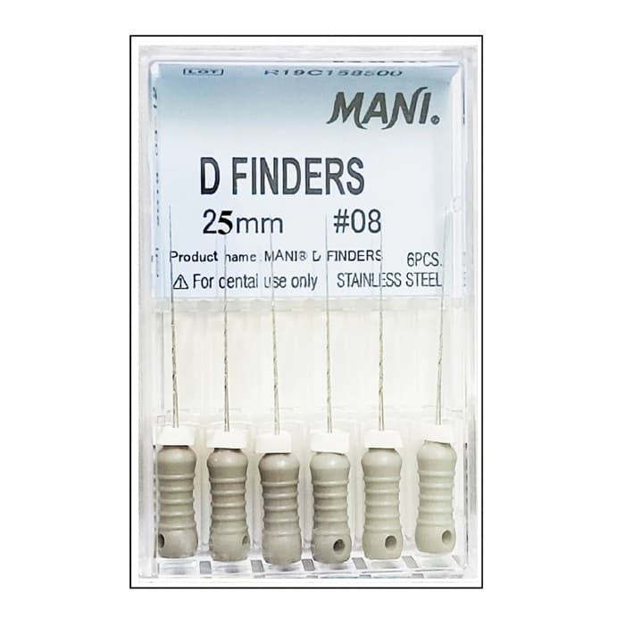 MANI D Finders dental stainless steel endodontic files 25mm Size 08 – 6 pcs in clear plastic pack with grey handles and white stopper rings – For dental use only Stainless Steel 6PCS – dental root canal finder files by Mani Inc Japan worldwide

