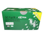 GC Fuji IX GP Extra dental glass ionomer restorative capsules 50 pack Shade A2 – green retail box front view labeled Radiopaque Posterior Glass Ionomer Restorative Cement in Capsules – yellow Extra badge – GP 9 Extra logo – dental glass ionomer cement by GC Corporation Japan worldwide