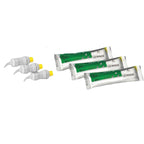 GC Fuji IX GP Extra dental glass ionomer capsules Shade A3 close-up – 3 silver foil sealed dental capsules labeled A3 Lot 0609206 and 3 white curved dental mixing tips with yellow caps – single-dose dental glass ionomer restorative capsules by GC Corporation Japan
