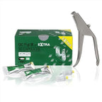 GC Fuji IX GP Extra dental glass ionomer restorative capsules 50 pack Shade A2 – green GC box with yellow Extra badge alongside stainless steel dental capsule applicator gun – 2 silver foil dental capsules and mixing tip shown – complete dental glass ionomer cement kit by GC Corporation Japan worldwide
