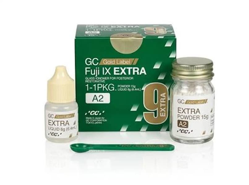 GC Gold Label 9 Extra strontium-based glass ionomer powder and liquid bottles – 60% higher wear resistance, fluoride releasing, snap-set for posterior restorations

