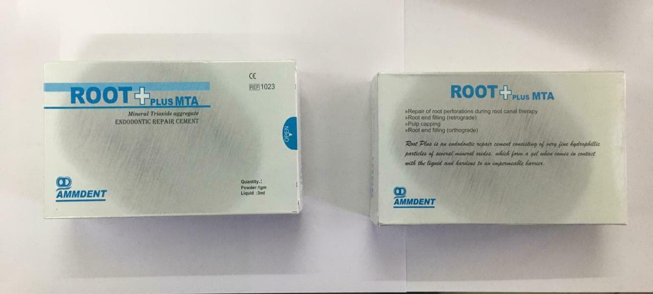 Ammdent Root Plus MTA Mineral Trioxide Aggregate Endodontic Repair Cement Box Front and Back for Dental Professionals – Powder 1gm Liquid 3ml REF 1023 CE Marked Endodontic Repair Cement by Ammdent India

