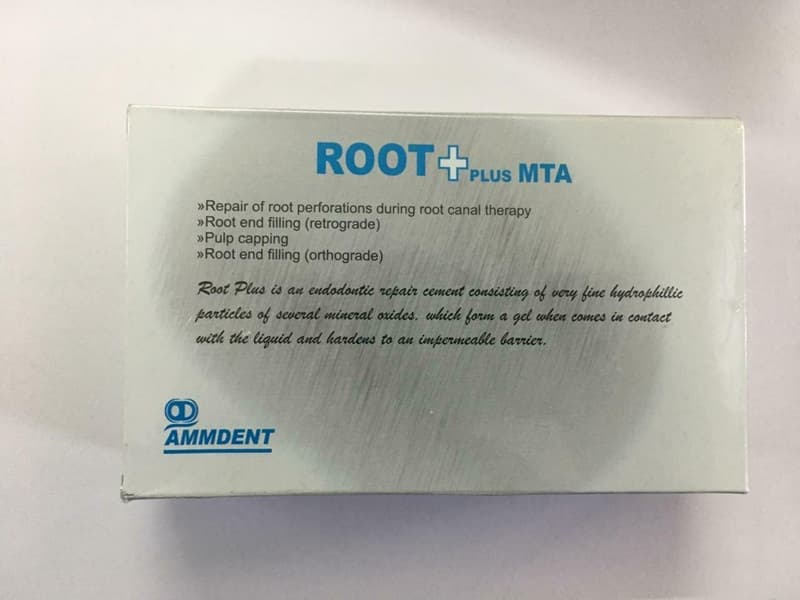 Ammdent Root Plus MTA Endodontic Repair Cement Box Back Label for Dentists – Indications Include Root Perforation Repair Root End Filling Retrograde Pulp Capping and Orthograde Root End Filling by Ammdent India
