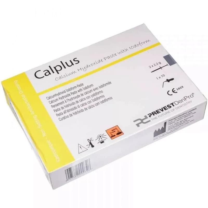 Prevest DenPro Calplus Calcium Hydroxide Paste with Iodoform box side view – CE 1023 marked, contents 4 x 2g syringes and 20 applicator tips – oil-based non-setting radiopaque antibacterial dressing for root canal treatment by Prevest DenPro India

