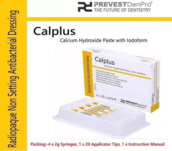 Prevest DenPro Calplus Calcium Hydroxide Paste with Iodoform product banner – packing 4 x 2g syringes, 1 x 20 applicator tips, 1 x instruction manual – radiopaque non-setting antibacterial dressing for root canal treatment, apexification, and apexogenesis
