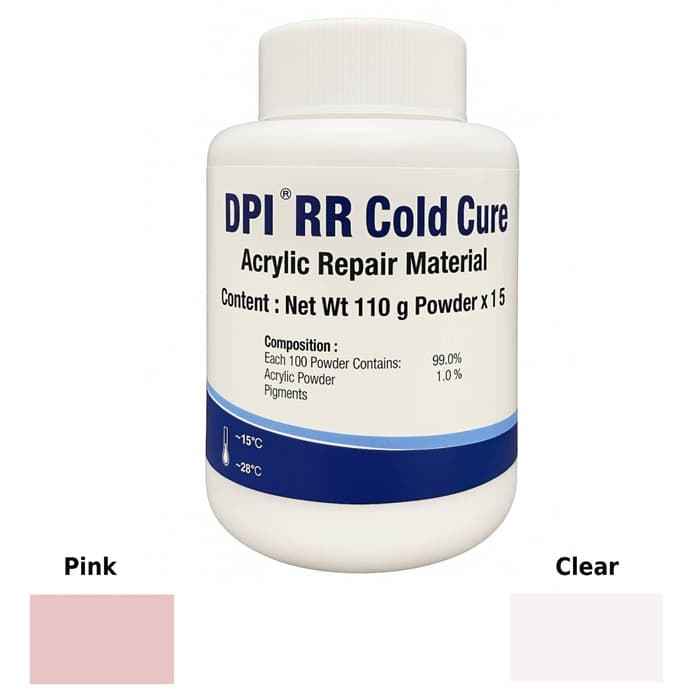 DPI RR Cold Cure Powder 110g – Clear Pink Shade Smooth Finish Dental Prosthetic Repair
