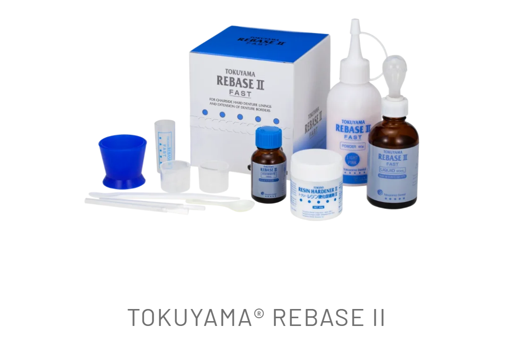 Tokuyama Rebase II Fast complete chairside denture relining kit – powder, liquid, hardener and accessories
