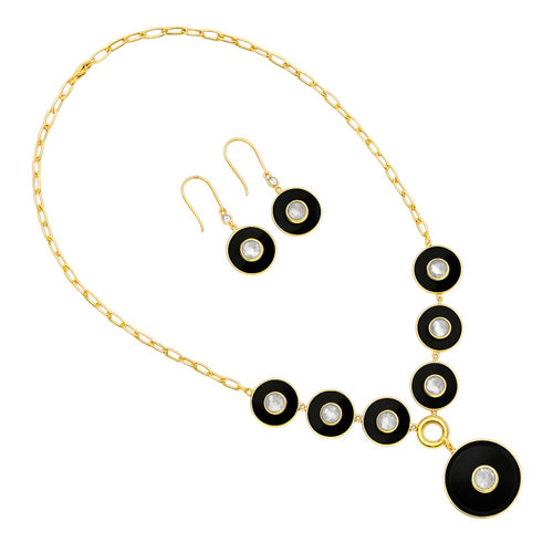18K Gold Plated Black Onyx & Rainbow Moonstone Necklace Earrings Jewelry Set