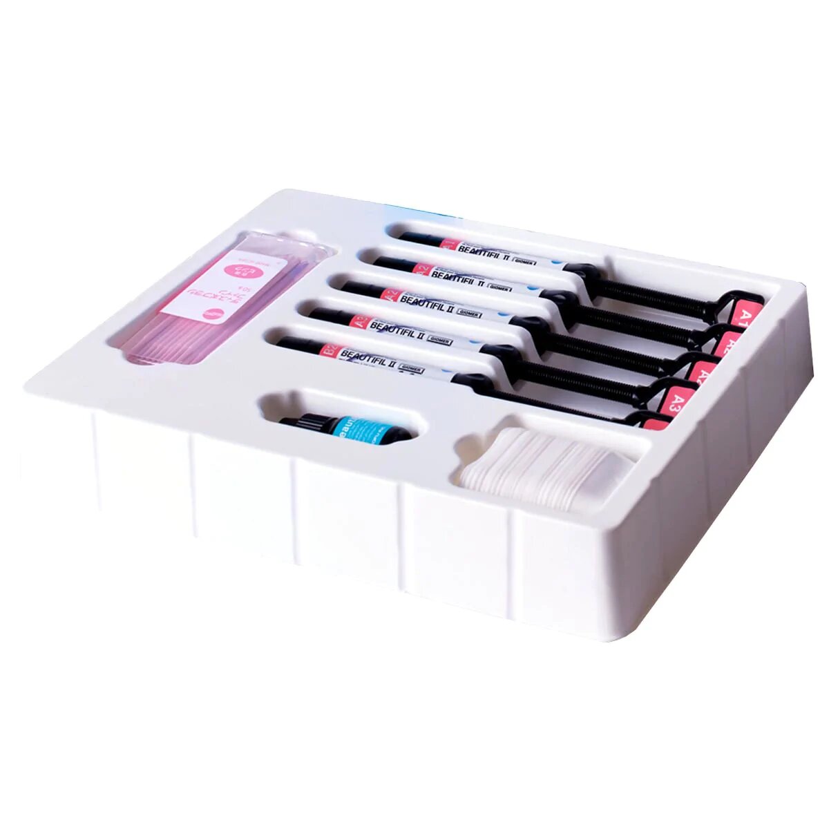 Shofu Beautifil II composite syringes in shades A2, A3 and A3.5 arranged in starter kit tray for dental restorations
