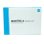 Close-up of Shofu Beautifil II dental composite kit contents including syringes, primer bottle and accessories
