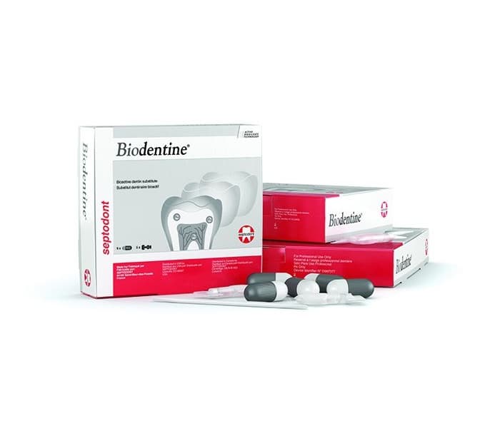Septodont Biodentine 5-capsule pack box front view showing Active Biosilicate Technology