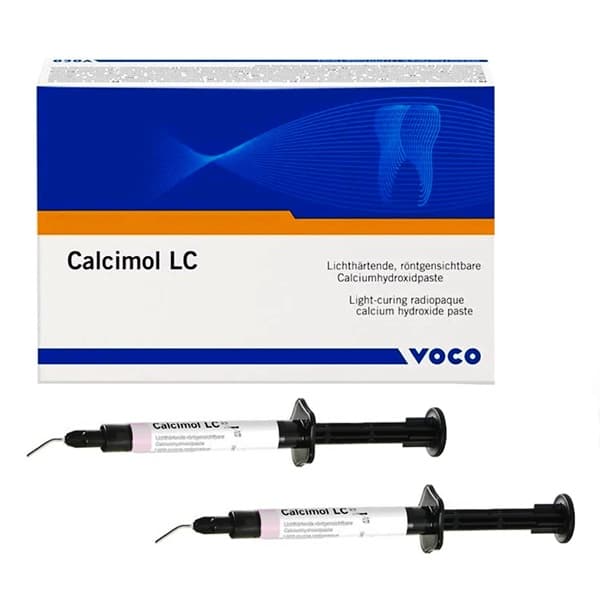 VOCO Calcimol LC light-cure calcium hydroxide cavity liner box with two 2.5g syringes