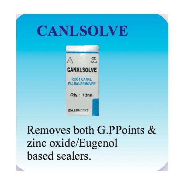 Canalsolve label detail showing composition: Tetrachloroethylene, Eugenates – 13ml dental endodontic solution