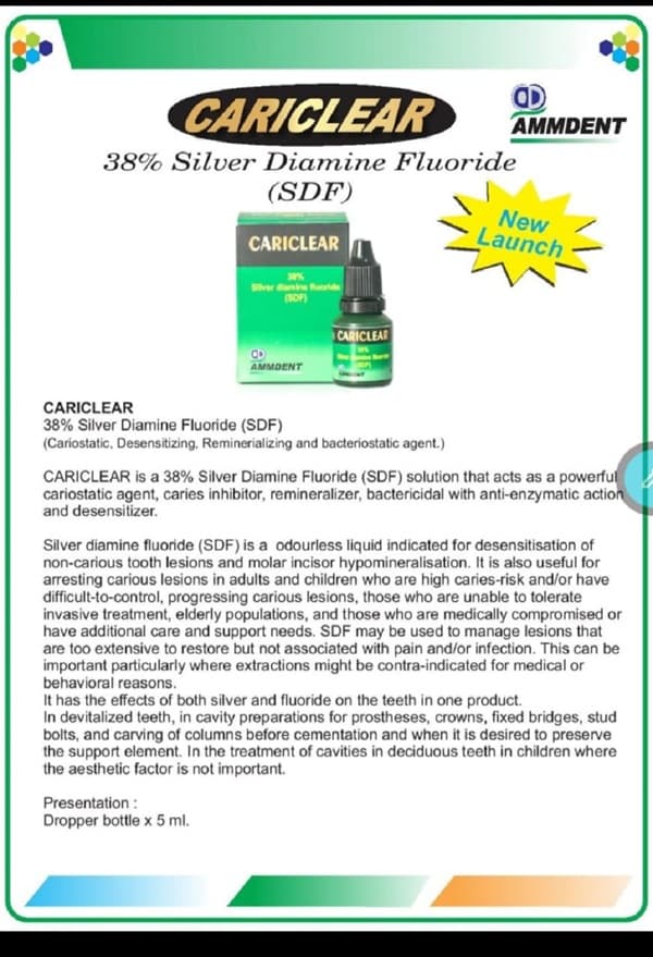 Ammdent Cariclear 38% SDF 5ml by Ammdent India – non-invasive caries arrest solution for dental clinics, hospitals, and pediatric dental practices worldwide
