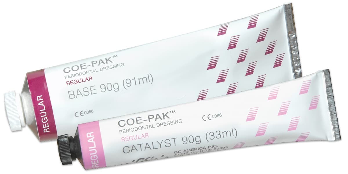COE-PAK Periodontal Wound Dressing by GC – eugenol-free regular set 90g for post-surgical gingival protection and healing by periodontists globally
