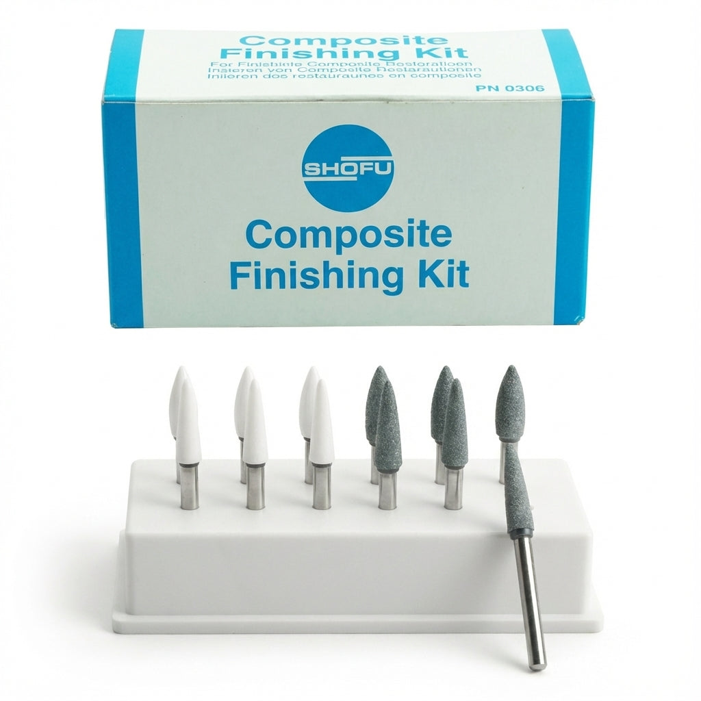 Shofu Composite Finishing Kit – assorted grey finishing burs in storage block, front view