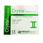 Prevest DenPro Crysta Restorative Glass Ionomer Restorative Material box front view – CE 0123 certified, Powder-Liquid Kit Powder 15g Liquid 10ml – radiopaque self-cure GIC for Class III V restorations core build-up and fissure sealing worldwide

