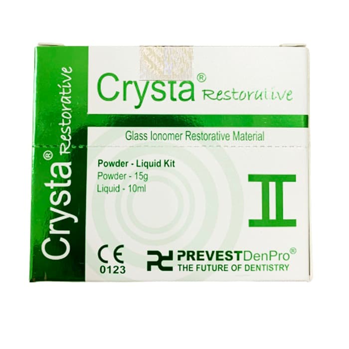 Prevest DenPro Crysta Restorative Glass Ionomer Restorative Material box front view – CE 0123 certified, Powder-Liquid Kit Powder 15g Liquid 10ml – radiopaque self-cure GIC for Class III V restorations core build-up and fissure sealing worldwide
