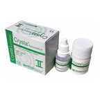 Prevest DenPro Crysta Restorative Glass Ionomer Cement Powder-Liquid Kit – angled view showing CE 0123 marked box with 15g powder jar and 10ml liquid bottle – self-cure radiopaque fluoride-releasing GIC for anterior posterior and primary teeth restorations worldwide
