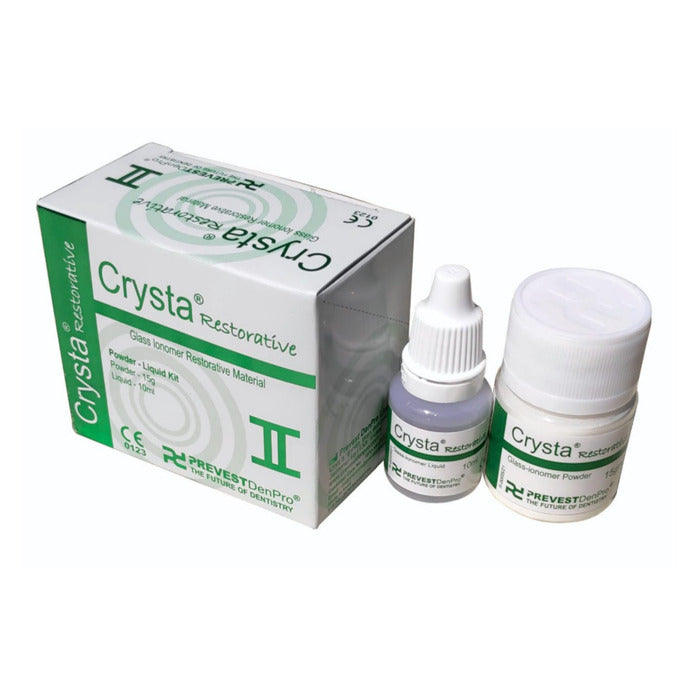 Prevest DenPro Crysta Restorative Glass Ionomer Restorative Material Powder-Liquid Kit – CE 0123 marked green and white box with 15g powder jar and 10ml liquid bottle – radiopaque self-cure
