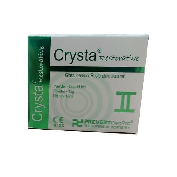 Prevest DenPro Crysta Restorative Glass Ionomer Restorative Material box side view – CE 0123 certified, Powder-Liquid Kit Powder 15g Liquid 10ml – self-adherent self-cure GIC with continuous fluoride release for Class I III V cavities and deciduous teeth worldwide
