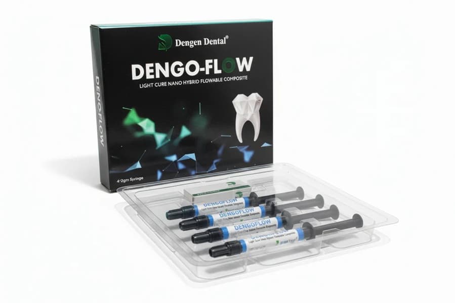 Dengoflow Flowable Composite 4 Syringe Kit in blister tray with box – Dengen Dental Light Cure Nano Hybrid Resin 4x2gm