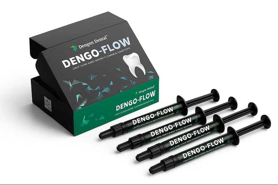 Dengoflow Light Cure Flowable Composite Kit – 4 Syringes with open box packaging by Dengen Dental