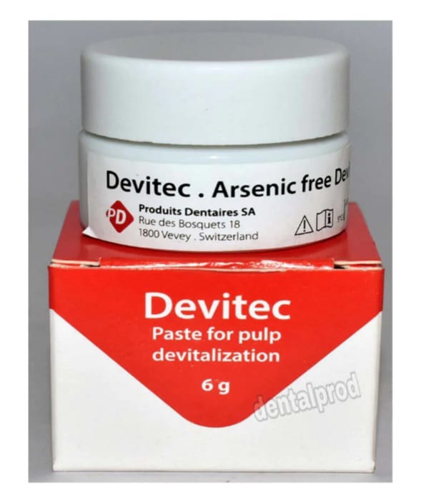 "PD Produits Dentaires Devitec paste for pulp devitalization, Swiss made dental supply."