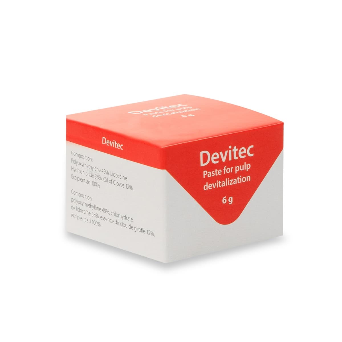Devitec Arsenic-Free Pulp Devitalization Paste 6g Box with Composition Label for Dental Professionals – Polyoxymethylene 49% Lidocaine Hydrochloride 38% Oil of Cloves 12% Endodontic Devitalising Paste by Produits Dentaires SA Switzerland
