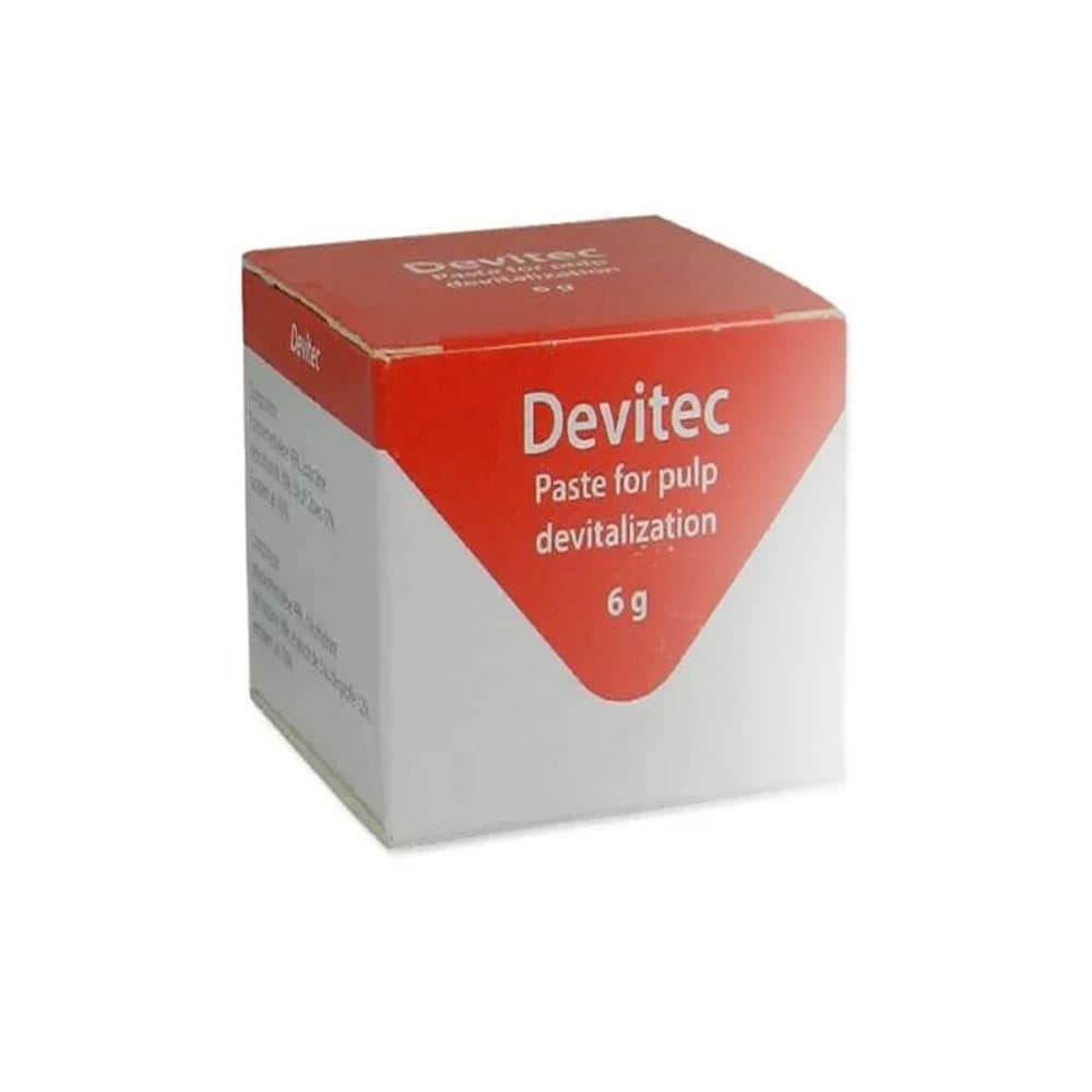 Devitec Arsenic-Free Pulp Devitalization Paste 6g Box Front for Dentists – Paste for Pulp Devitalization Endodontic Devitalising Material by Produits Dentaires SA Vevey Switzerland
