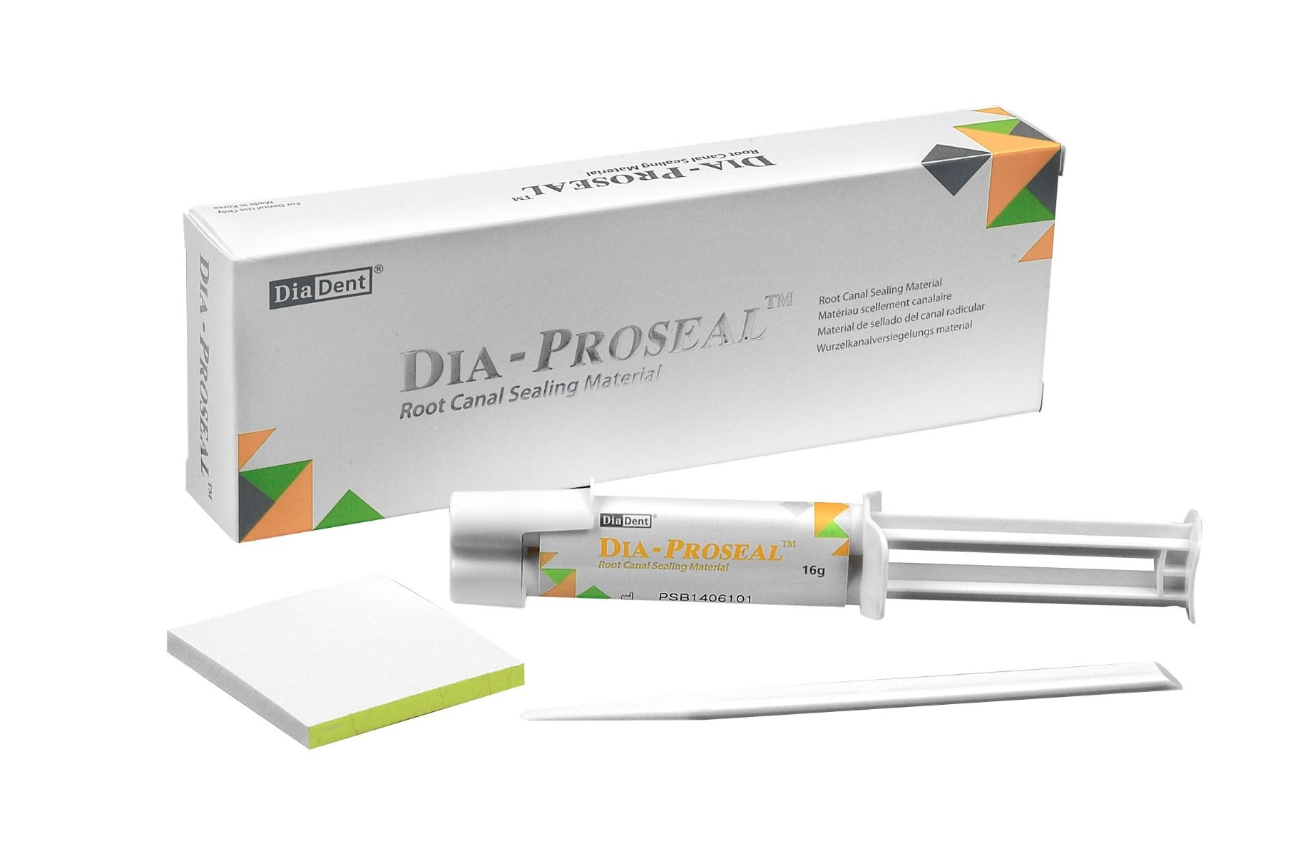 Dia-Proseal root canal sealer mixing pad and spatula included in kit
