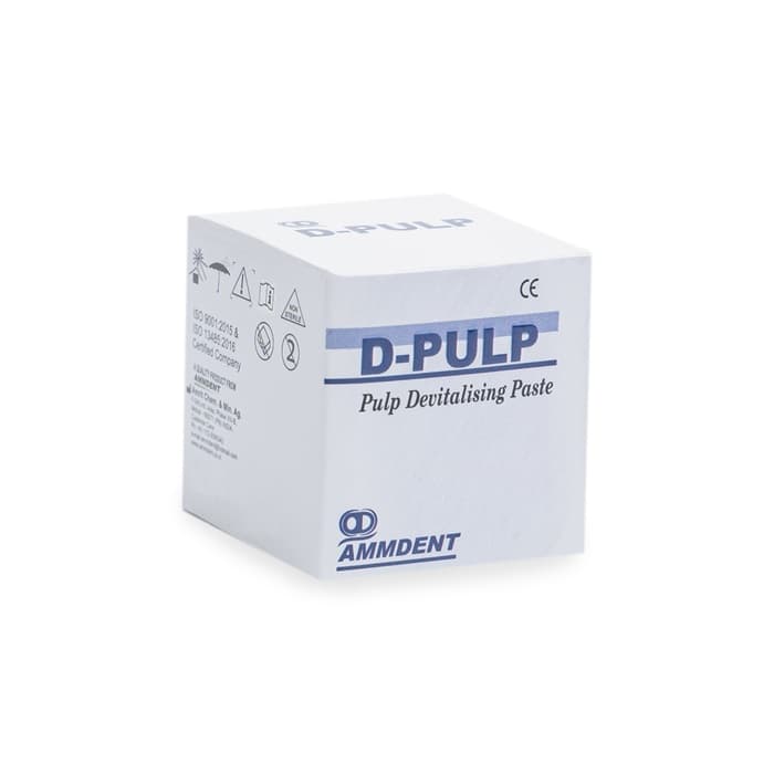 Ammdent D-PULP Pulp Devitalising Paste 7.5gm Box Angled View for Dental Professionals – Paraformaldehyde-Based Arsenic-Free Endodontic Devitalizing Paste CE Marked by Ammdent India
